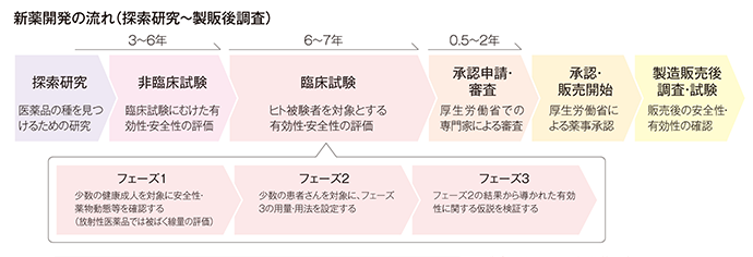 新薬開発の流れ（探索研究～製販後調査）3～6年[探索研究：医薬品の種を見つけるための研究][非臨床試験：臨床試験にむけた有効性・安全性の評価]6～7年[臨床試験(フェーズ1少数の健康成人を対象に安全性・薬物動態等を確認する（放射性医薬品では被ばく線量の評価）/フェーズ2少数の患者さんを対象に、フェーズ3の用量・用法を設定する/フェーズ3フェーズ2の結果から導かれた有効性に関する仮説を検証する)：ヒト被験者を対象とする有効性・安全性の評価]0.5～2年[承認申請・審査：厚生労働省での専門家による審査] [承認・販売開始：厚生労働省による薬事承認][製造販売後調査・試験：販売後の安全性・有効性の確認]